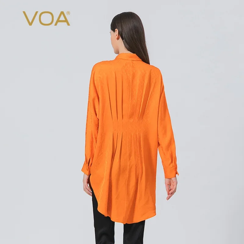 VOA خريف جديد أنيق الحرير الجاكار سعيد برتقالي بولو طوق أضعاف واحدة الصدر الراتنج بلون قميص الإناث بلايز BE815