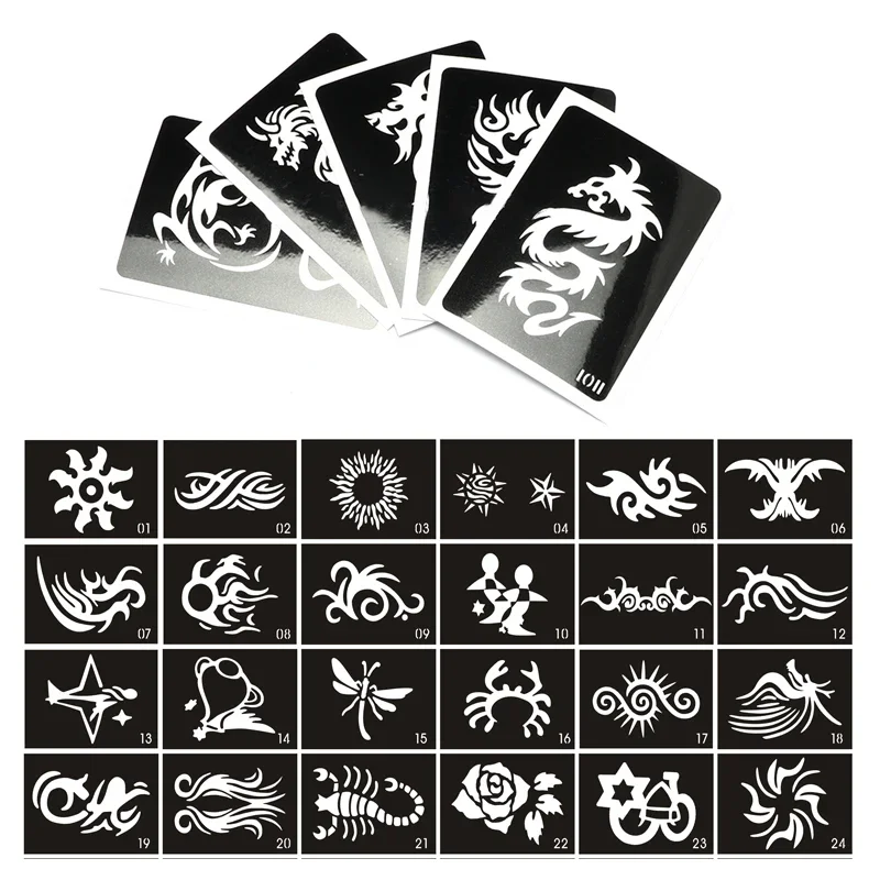 100 Mixed Design Fake Tattoo Sheets Stencils for Body Painting Glitter Temporary Tattoo Kit