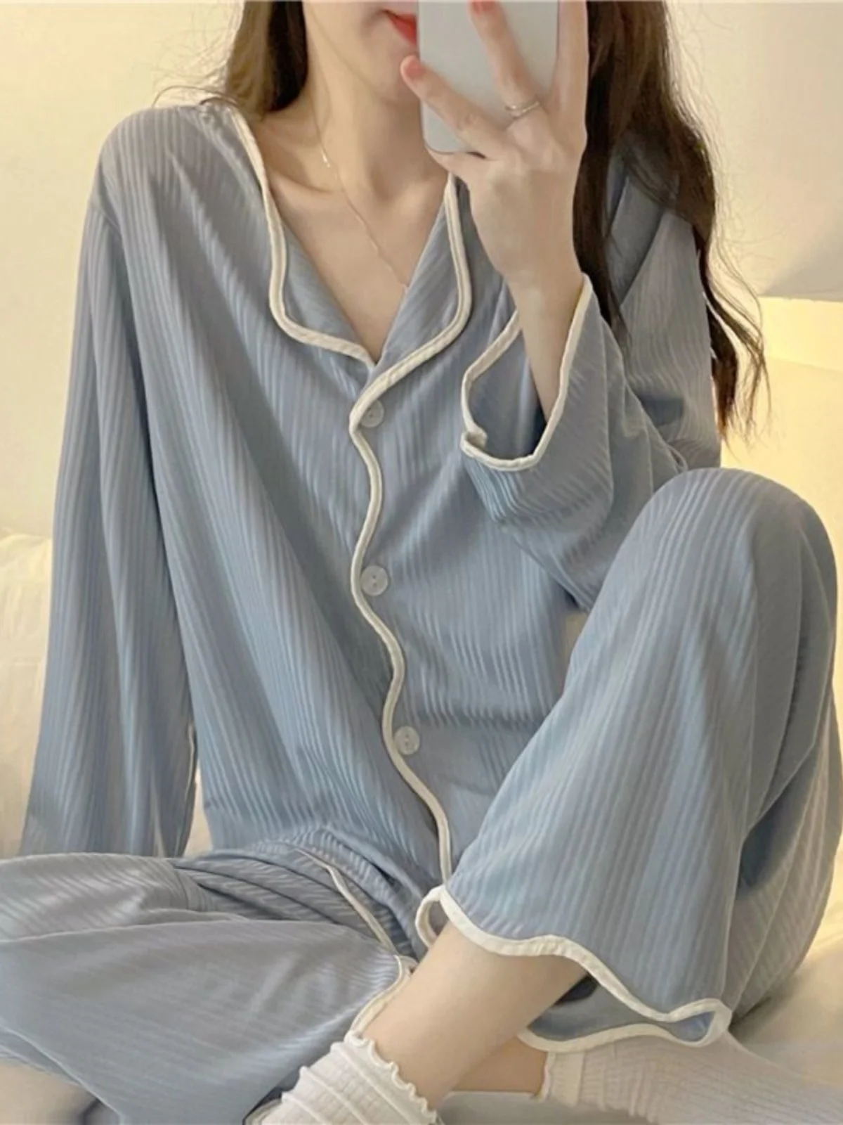 

Women's Spwear Long Sve Thin Home Clothes Set Sweet Sle V-ne Knitted Cotton Pure Color Spring Autumn Casual