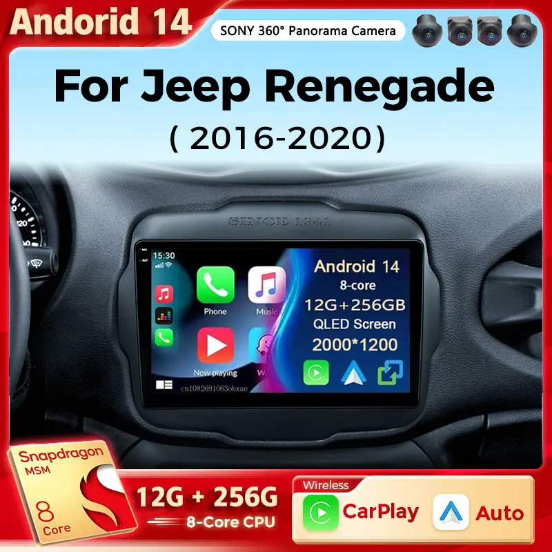 Autoradio Stéréo Android 14 avec Wifi 4G et Caméra 2016, Lecteur DVD, Unité Centrale pour Voiture Jeep Renegade (2020-360)