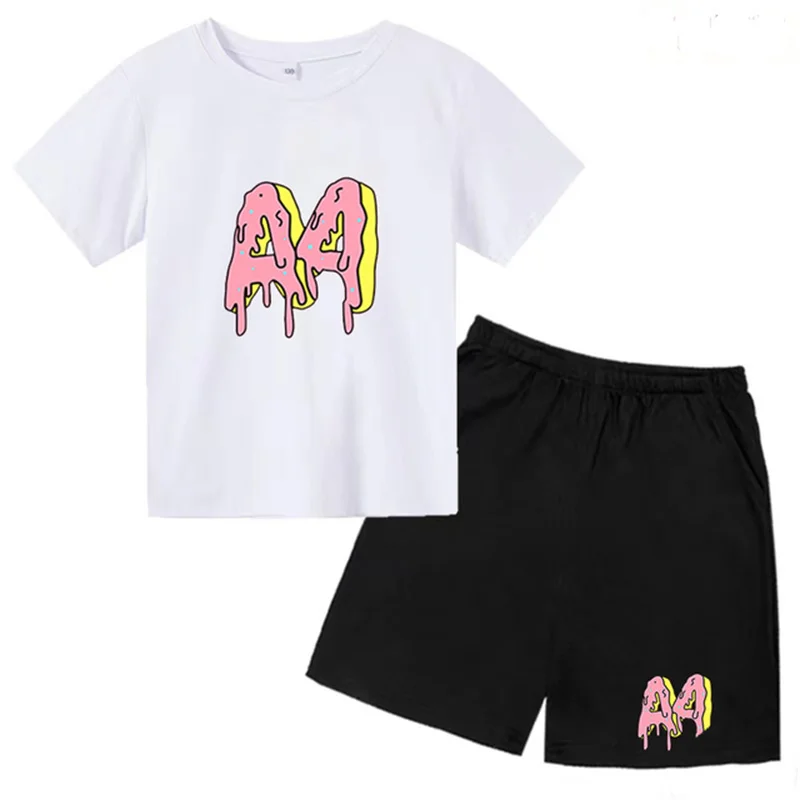 T-shirt e Shorts infantis 2P Top e Shorts estampados, roupas esportivas casuais, conjunto de jogging para meninos e meninas, presente de aniversário, 4 Y, 3-13Y, roupas infantis