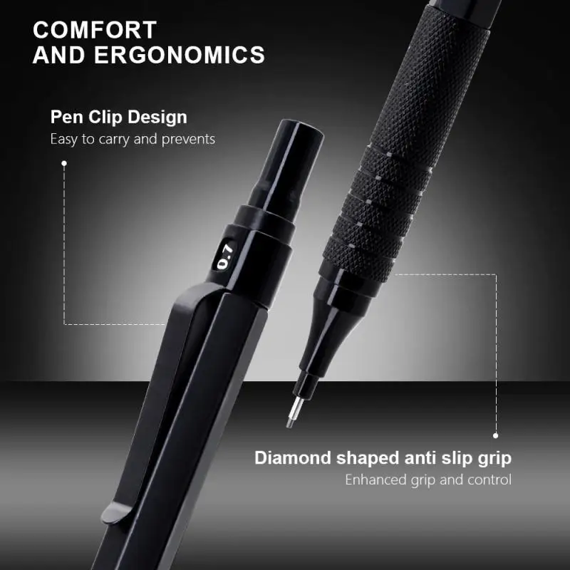 Professional 0.3/0.5/0.7mm Low-center Metal Mechanical Pencil Set,Built-in Top Eraser,Ideal for Office,Art Sketching & Writing