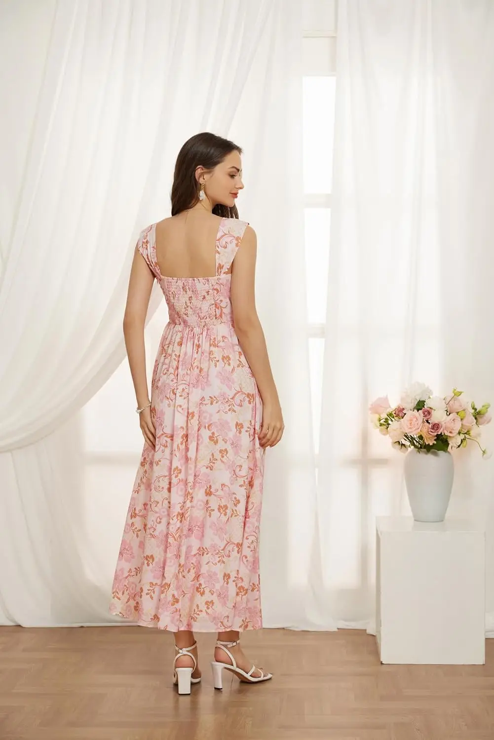 2025 Abito estivo da donna con stampa floreale fluida A Line maxi abito senza maniche con spalle scoperte