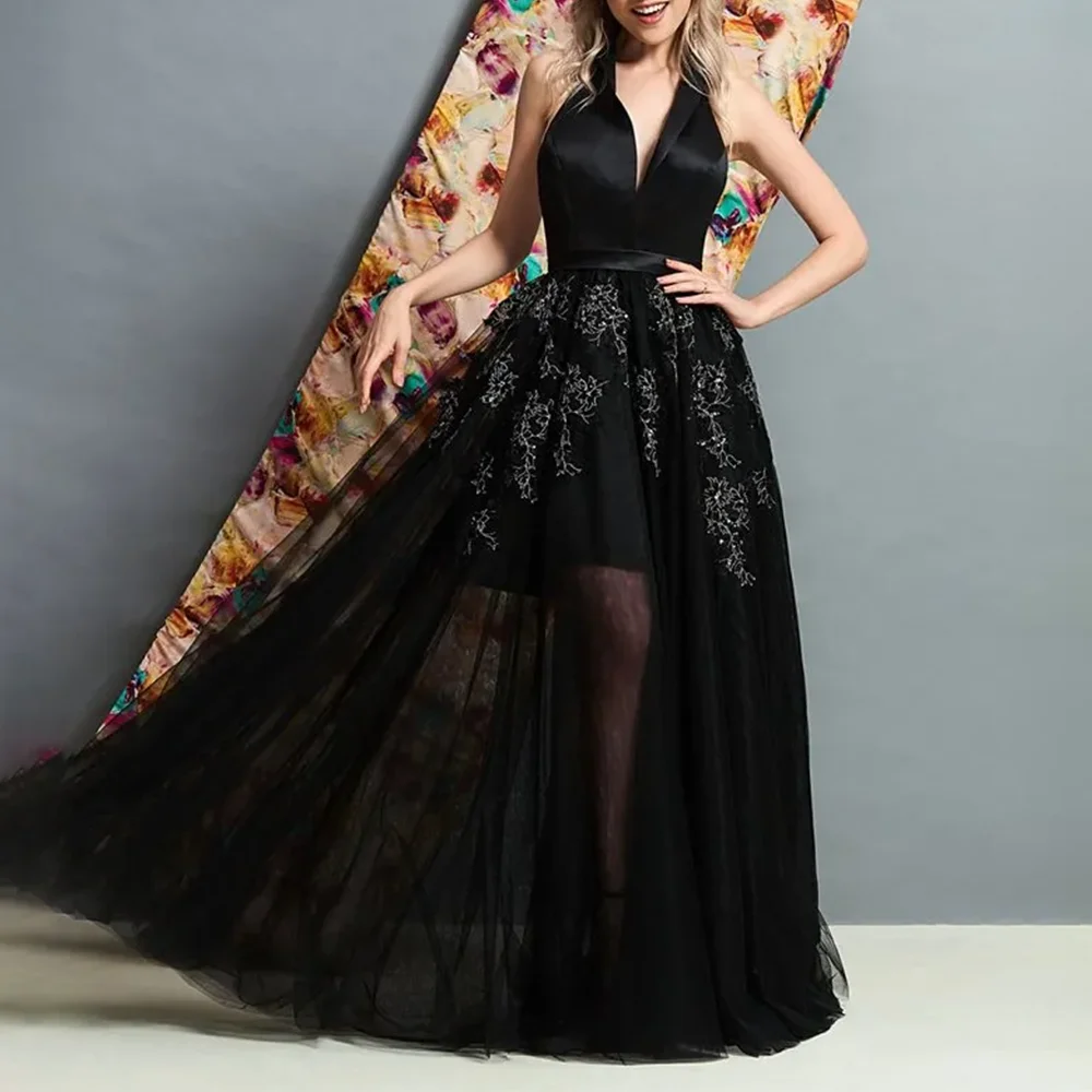 

Black Appliques Tulle Elegant Evening Dresses Backless Party Prom Gowns Halter A-Line Lace Evening Prom Dresses Customized