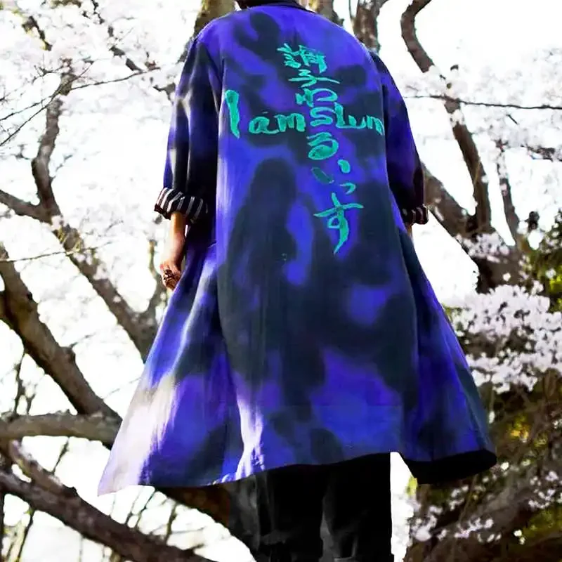 

YOJI OOAK Оригинальный дизайн, японский дизайнер, шелковый плащ с разрезом на спине и принтом