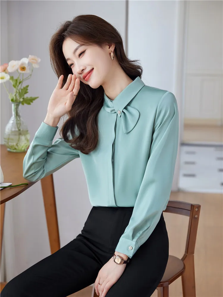 Green Shirts & Blouses for Women Vintage Clothes Long Sleeve Elegant Office Ladies Tops Work Wear New Fashion Spring Autumn