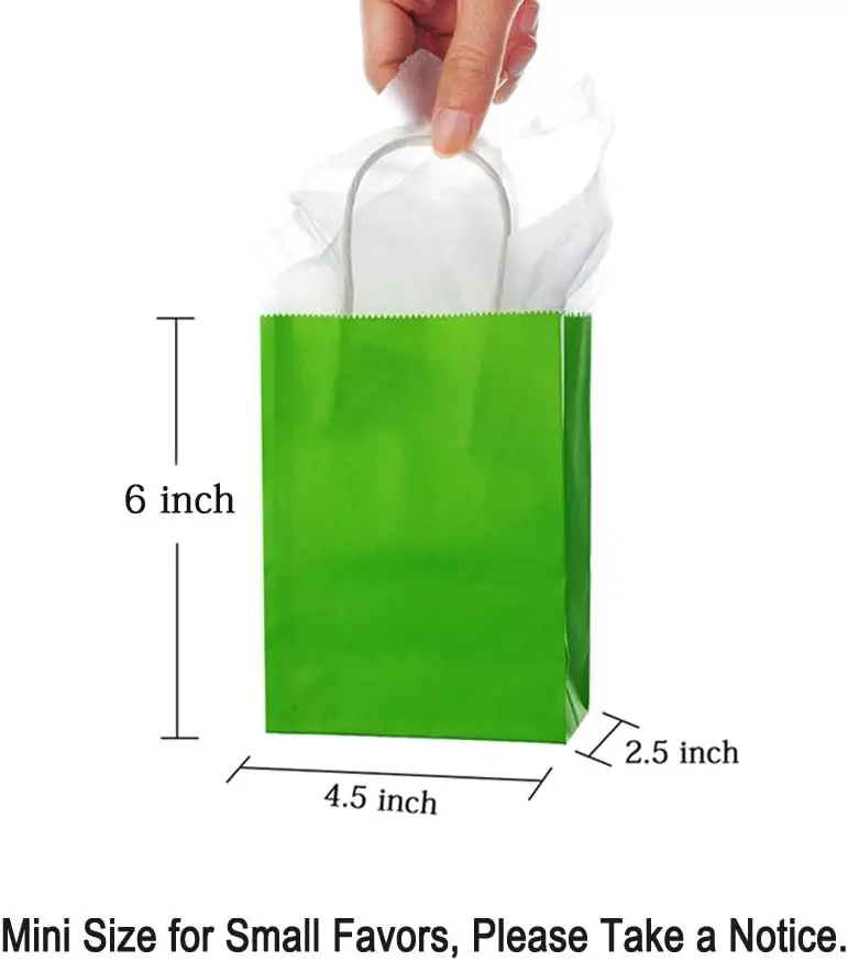 Small Green Paper Bag with Handle Party Favours Bag 6x4.5x2.5 inch for St.Patrick's Day Wedding Birthday Recycled Bag Pack of 24