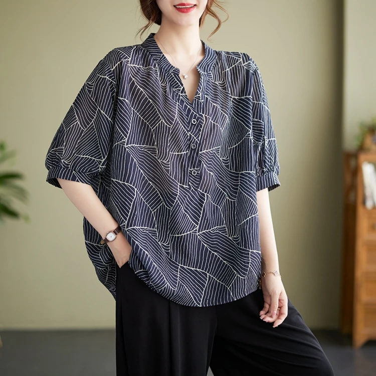 

Retro Slim Fit V-Ne ort Sve irt Loose Women's Top Street Sle f Open Collar Lantern Sve Polyester Fiber T-irt