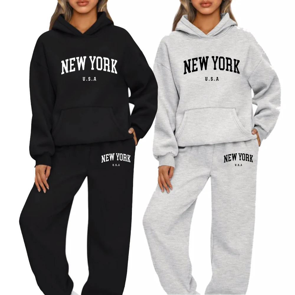 New York U.S.A City Hoodies Set Letter Graphic Print Men Woman Hoodie Set Sweatshirts Harajuku Pullover Unisex Tracksuit Set