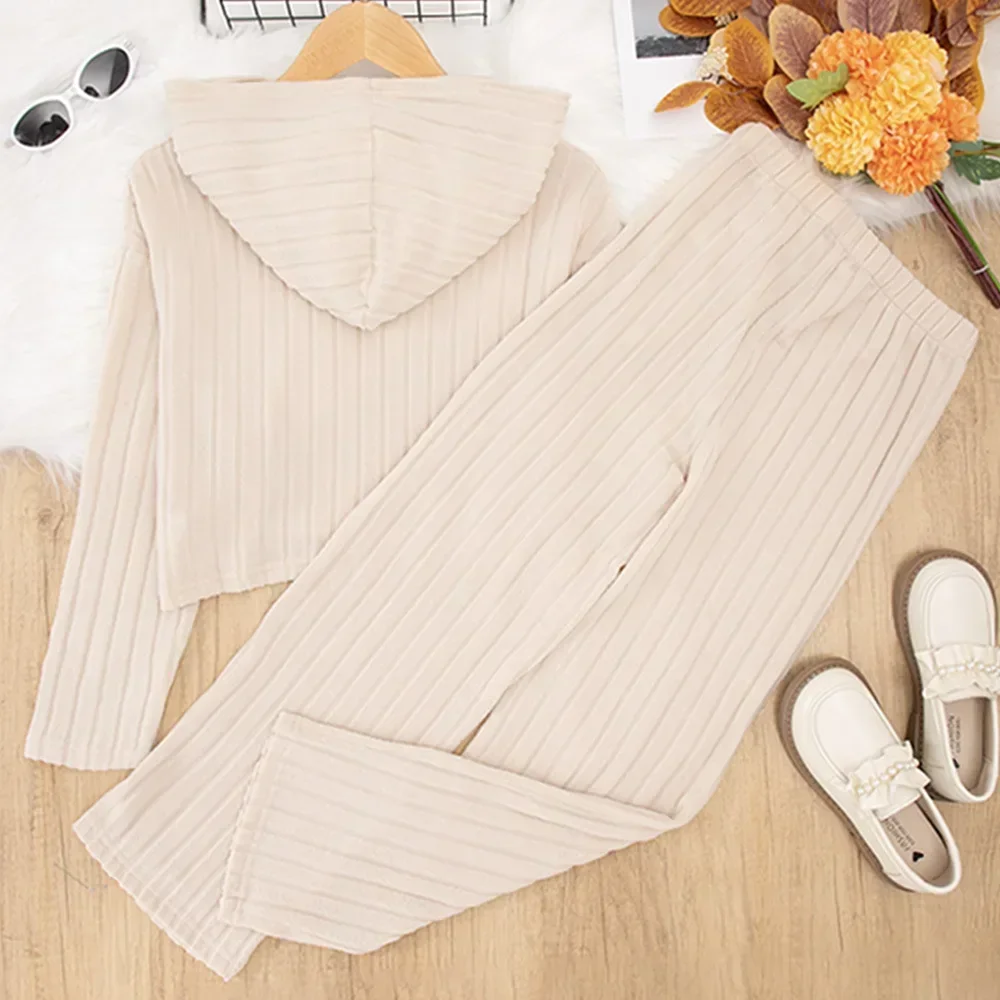 

Long Sleeve Hooded Blouse+Loose Wide Leg Pants Two Piece Teenagers Tracksuits Girls' Casual Clothes Set Autumn Spring Stripe