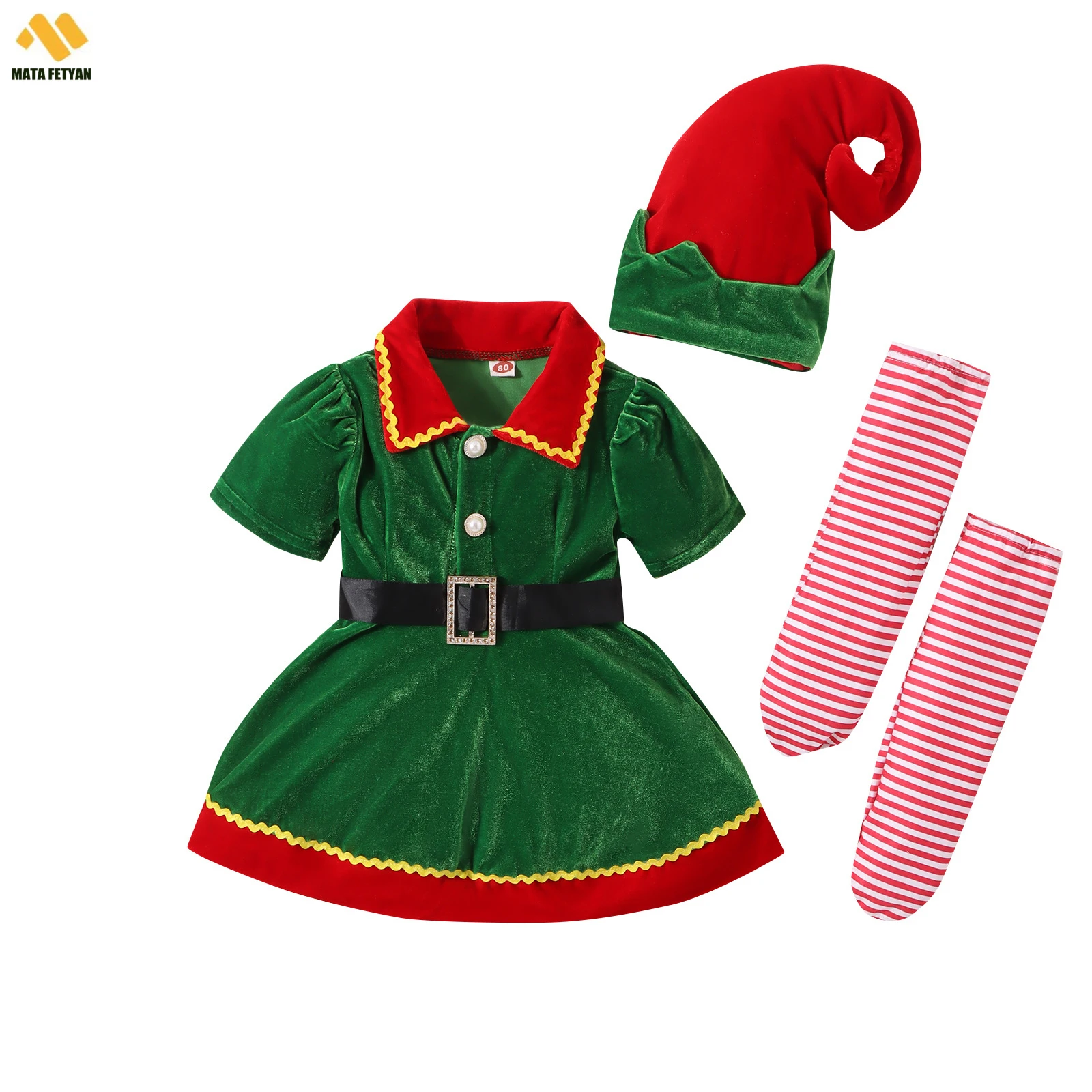 Conjuntos de ropa de disfraz de Navidad para niños y niñas de 0 a 5 años, vestido con cuello de muñeca de manga corta de Color contrastante, sombrero, calcetines a rayas