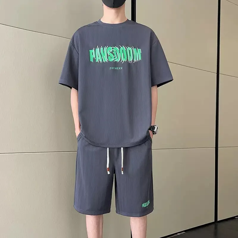 

Summer New Fashion Trendy Print Short Sleeve T-Shirt and Shorts Set for Men Casual Loose Fit Sporty High-Quality Two-Piece Set