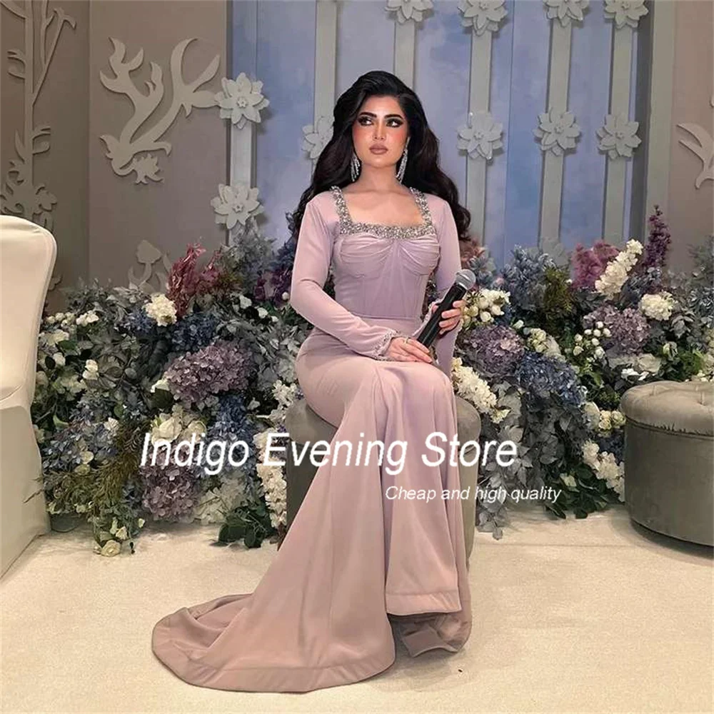 Gaun Prom Indigo 2024 putri duyung persegi kerah lengan panjang manik-manik Satin gaun malam elegan untuk wanita menyapu kereta الolnya