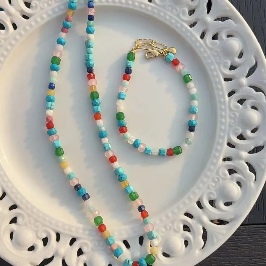 

Rainbow Color Beaded Necklace for Women Irregularity Natural Stone Clavicle Chain Niche Light Luxury High-end Necklace Bracelet