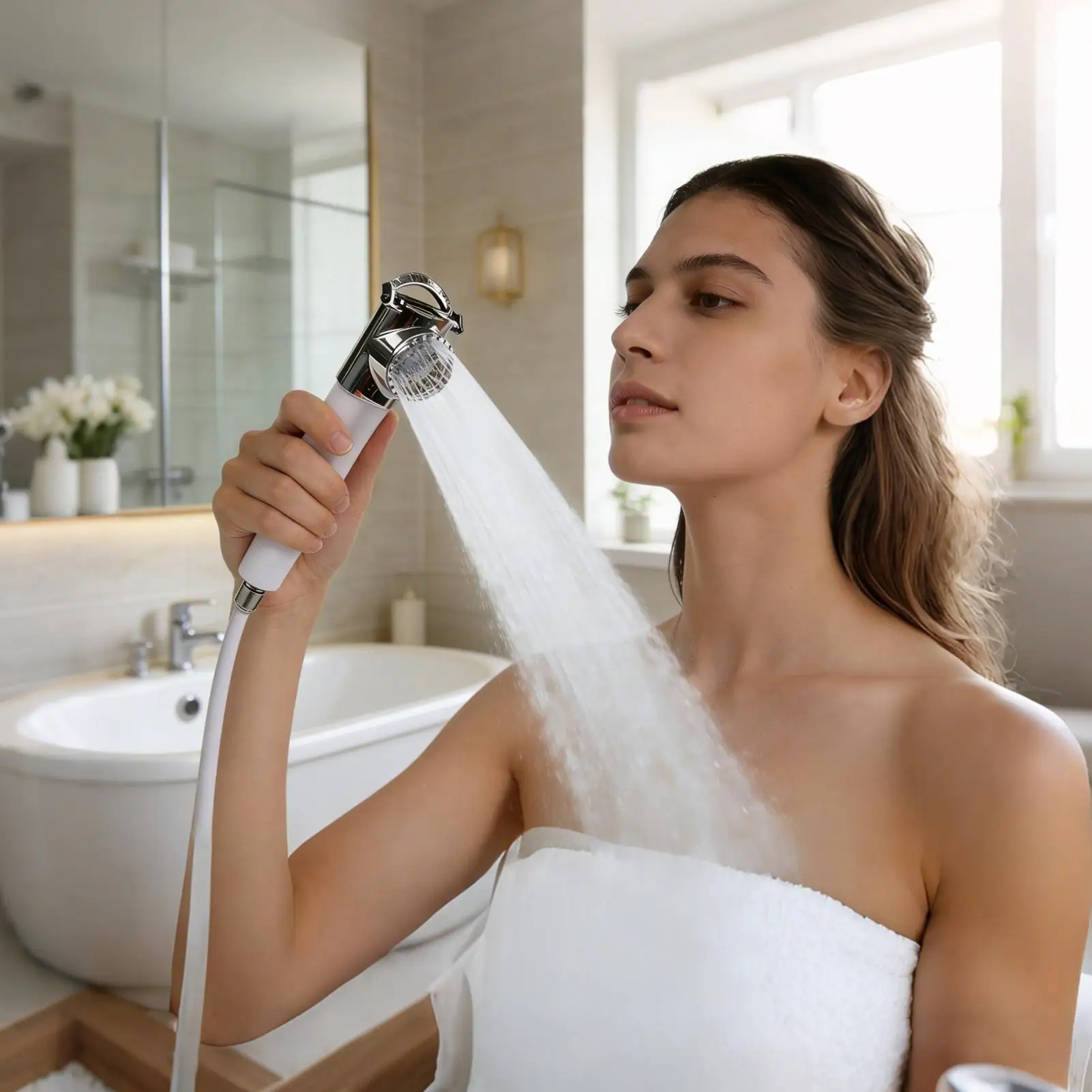 

Ручная душевая лейка со встроенным распылителем и шлангом для ванной комнаты, для дома, квартиры, автодома, яхты, небольших ванных комнат