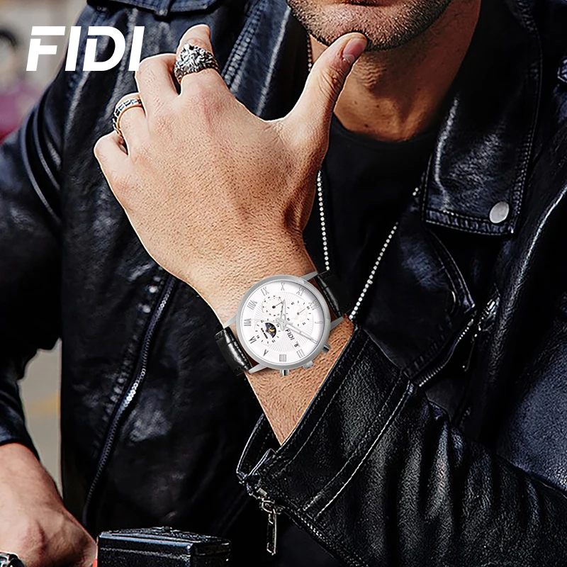 FIDI Man Watch Fashion Top Luxury Sport Men\'s Wristwatch Waterproof Luminous Leather Date Quartz Watches Men Clock FD104