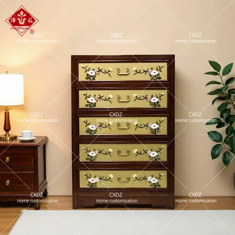 New Chinese Style Elm Wood Cabinet with Jade Carving Inlay Five Drawer Storage Chest for Living Room Home Decor Furniture