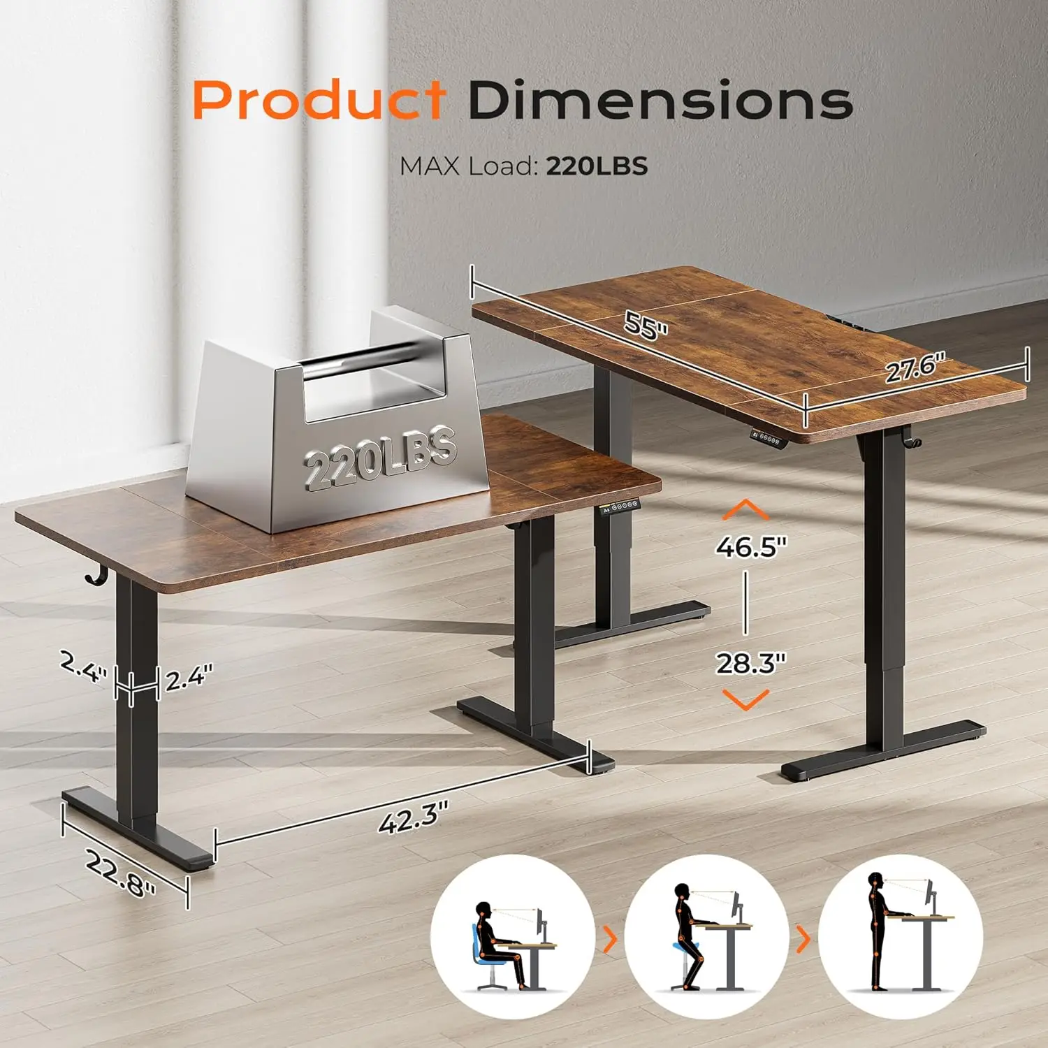 55 x 28 Large Electric Standing Desk, Height Adjustable Computer Desk, 27.6