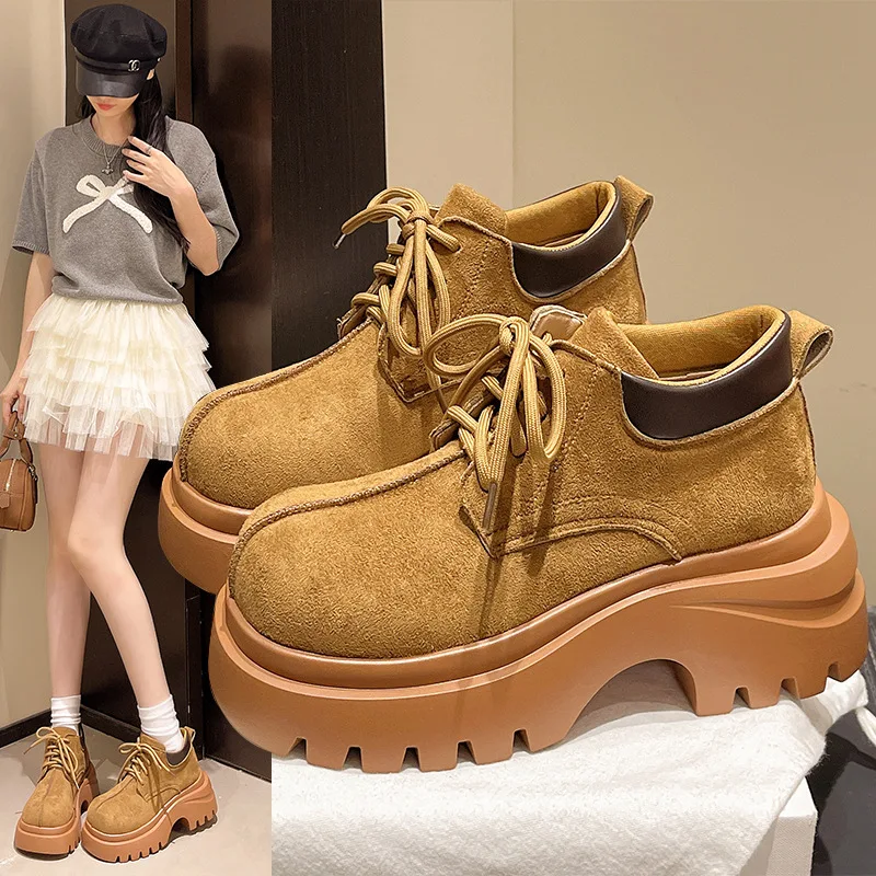 

Женские замшевые кожаные ботинки на толстой подошве в европейском стиле, желтые женские ботинки в британском стиле, короткие сапоги