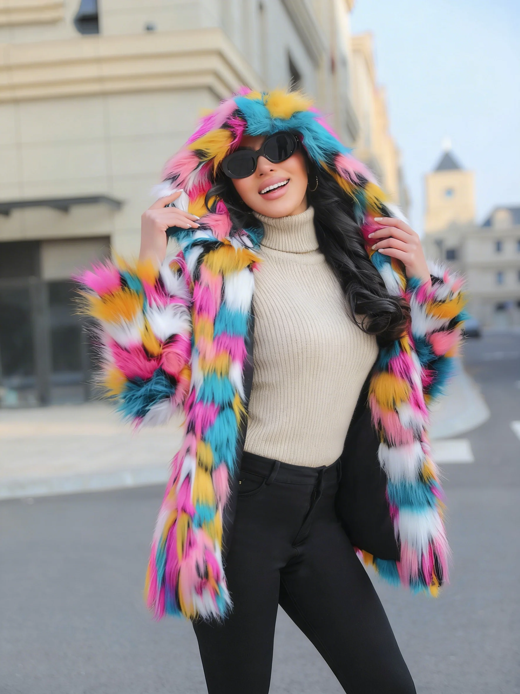 Chaqueta de piel sintética cálida y atrevida para mujer, abrigo grueso con capucha y botón oculto, informal, holgado, suave, franjas de diferente Color, prendas de vestir, abrigo elegante de invierno