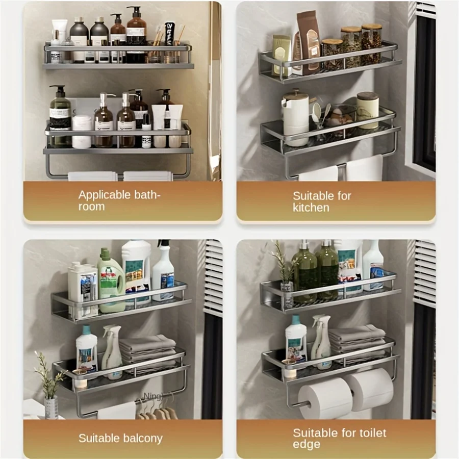 Aluminum Bathroom Supplies Storage Hook Shelf Multifunctional Wall Mounted Shelf Bathroom Towel Bar Bathroom Items Storage Rack