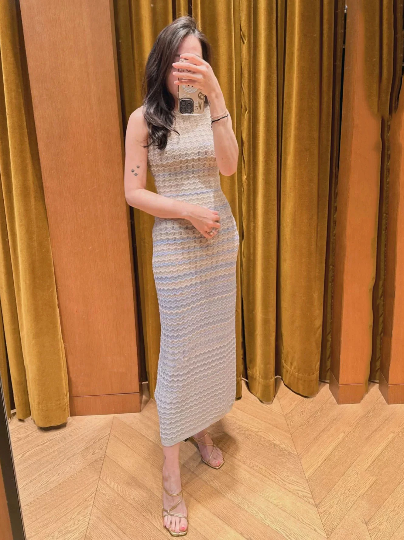 Gradient color wave striped long dresses temperament elegant elastic Slim round neck sleeveless package hip ladies dress