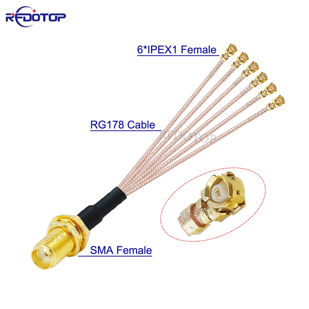 1PCS SMA RP/SMA Female to 6 x IPEX-1 Compatible Female RG178/ RF1.13 Cable WIFI Antenna Extension Jumper Pigtail 10CM-50CM