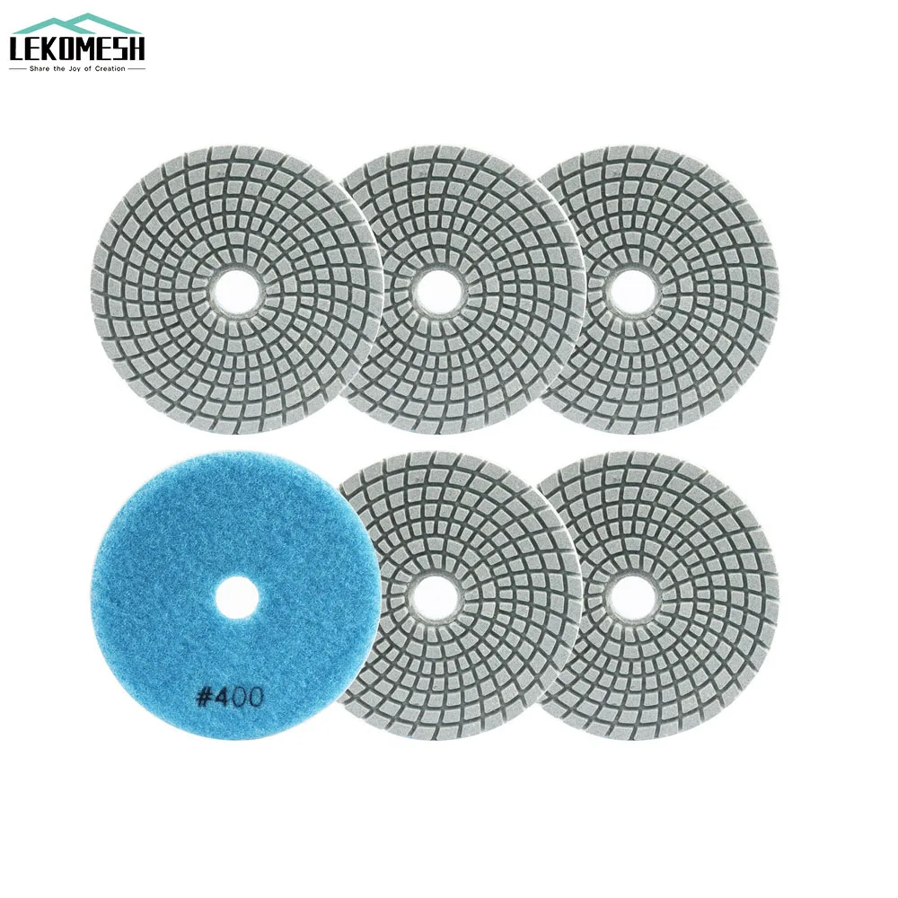 LEKOMESH 6pcs Set Dia 100mm Diamond Flexible Wet Polishing Pads Stone White Bond SpiralGranite Marble Polishing Sanding Disc