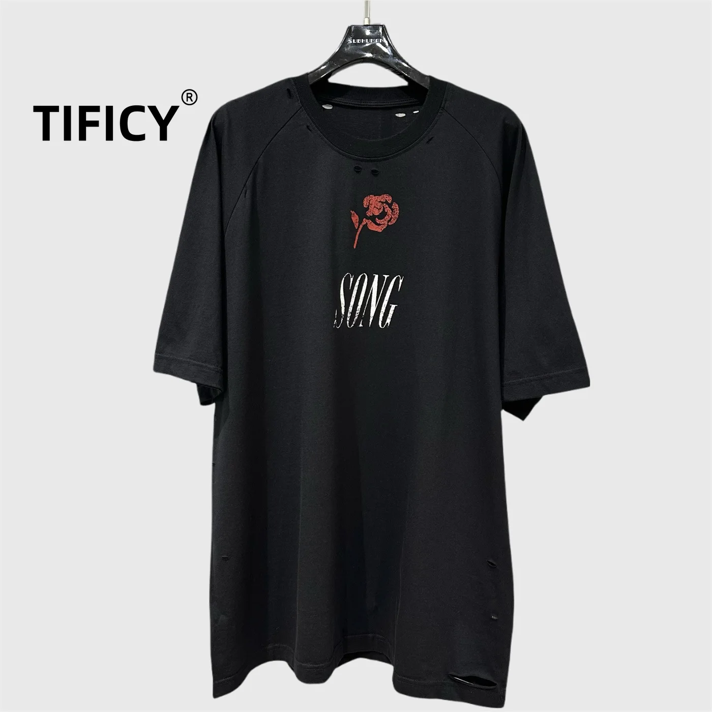 High Street Cotton Tshirts Top Dark RO Women/men's Dark Niche Design Trendy Unisex Ripped Cut Design T-shirt Casual Loose Tee