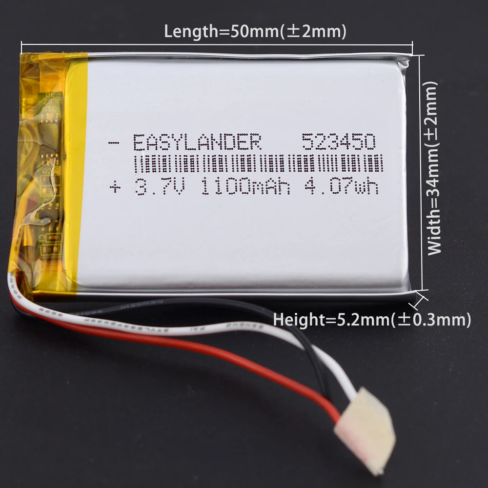 3Wires 523450 3.7V 1100mAh €3 VAT Included 10pcs  Rechargeable Li-Polymer Li-ion Battery Lipo With Silicone Wires