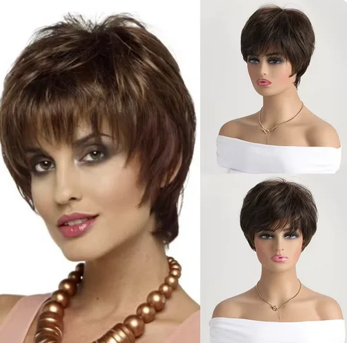 Short Natural Synthetic Wigs with Bangs 10 inches Soft Hair Daily Use Brown Ombre Curly Hair Costume Party Wig for Women