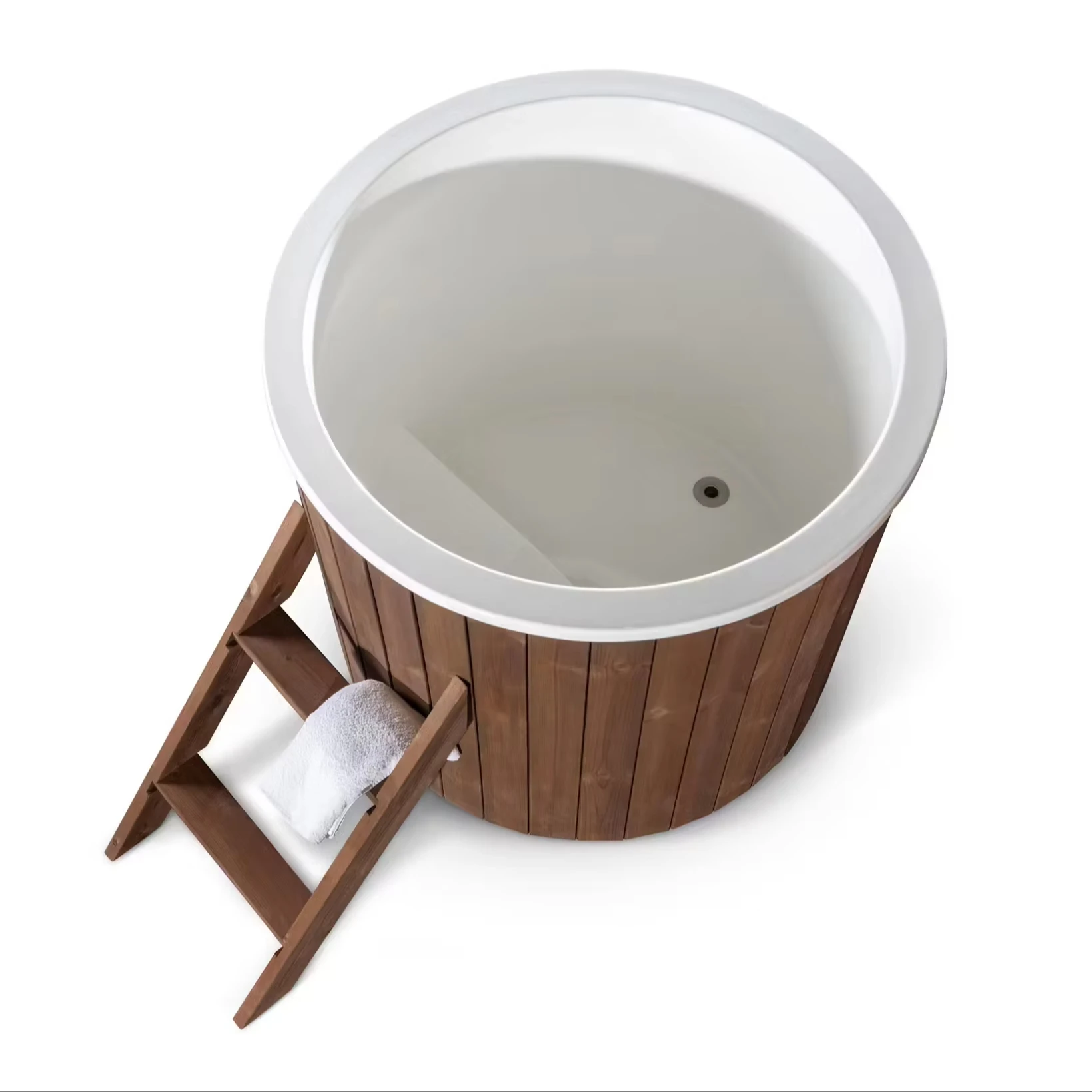 z Outdoor Comfortable wooden Ice Bath Tub Cold Plunge Barrel  Built In Fiberglass With insulation cover ladder