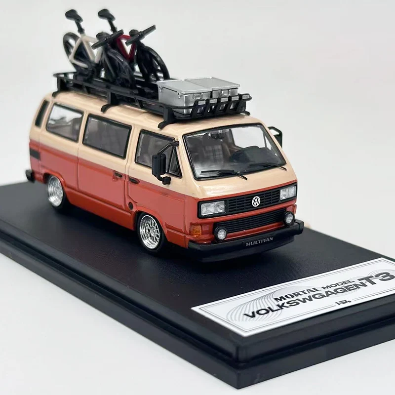 Model samochodu Volkswagen T3 Van w skali 1/64, metalowy model VW T3 z elementami rowerowymi, model kampera, zabawka kolekcjonerska, ozdoba.