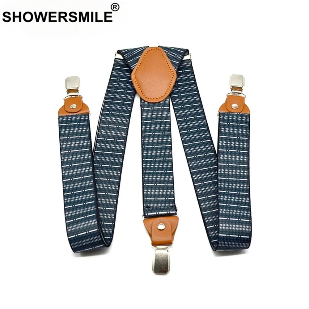 

SHOWERSMILE Navy Suspenders Men Stripe Business Casual Wide Belts Adjustable Durable Strapes Male 3 Clips Braces 120cm*3.5cm