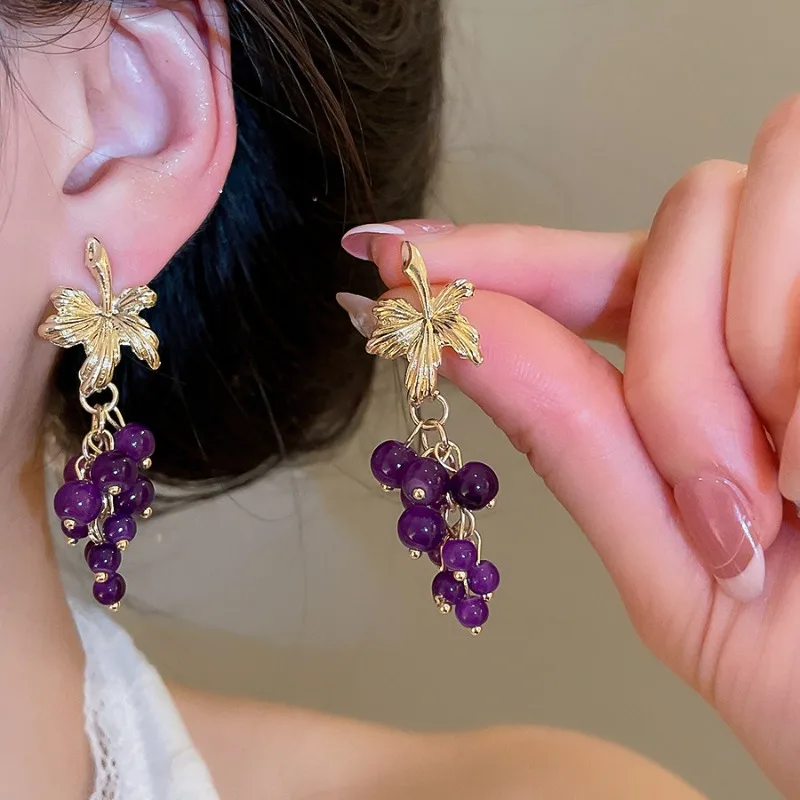 

Minar Trendy Purple Color Glass Beads Grape Strand Tassel Leaf Long Drop Earrings for Women Gold Plated Copper Party Jewelry