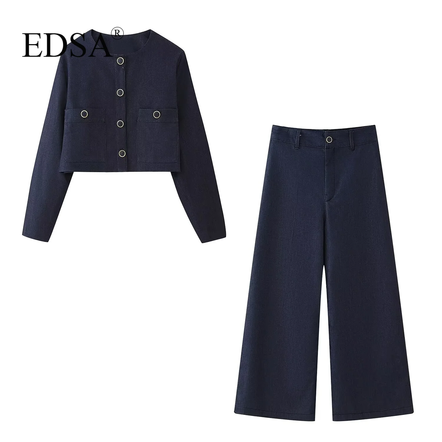 EDSA Women Fashion 2-częściowy zestaw Cropped Button Jacket & High Waist Culotte Trousers for Casual Female High Streetwear