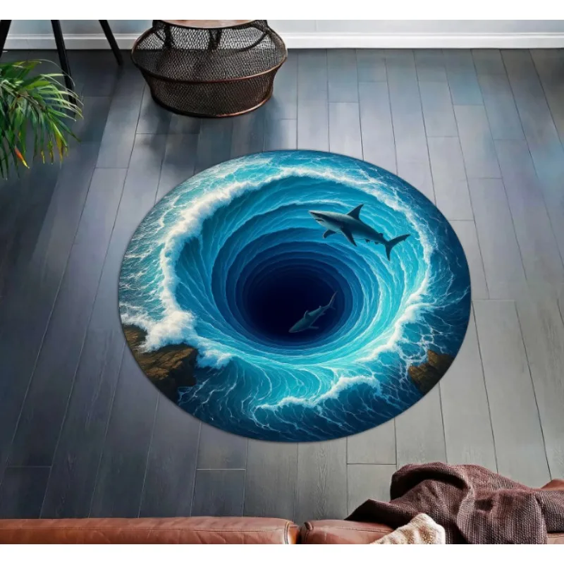 Round Shark Illusion Rug 3D Ocean Rug with Sharks | Nautical Sea Creatures Rug for Living Room Bedroom Decor Very Fashionable