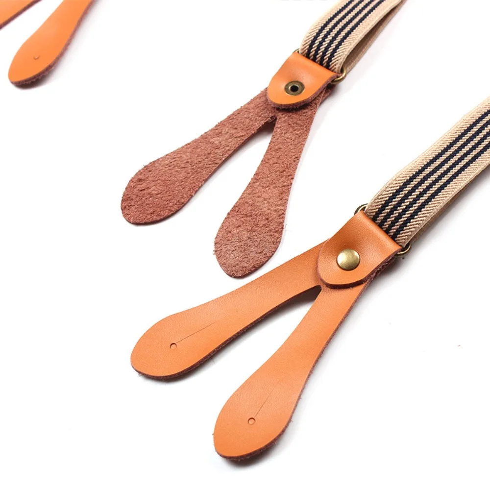 Tali Selempang Kulit Bentuk Y dengan Kancing, Elastis, Tali Serut, Dapat Disesuaikan, Motif Garis, untuk Celana