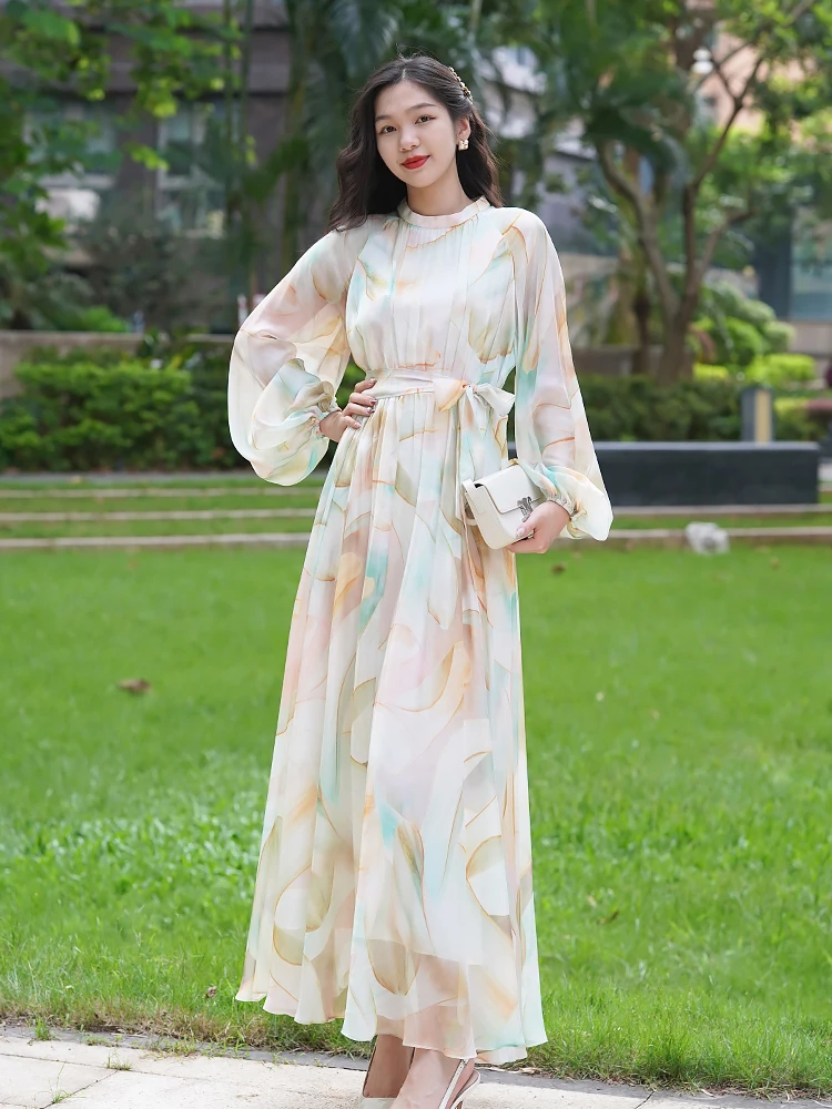 

Шелковое платье макси с принтом Ele Design, летнее, женское, класса люкс, с воротником-стойкой, длинными рукавами-фонариками, на молнии