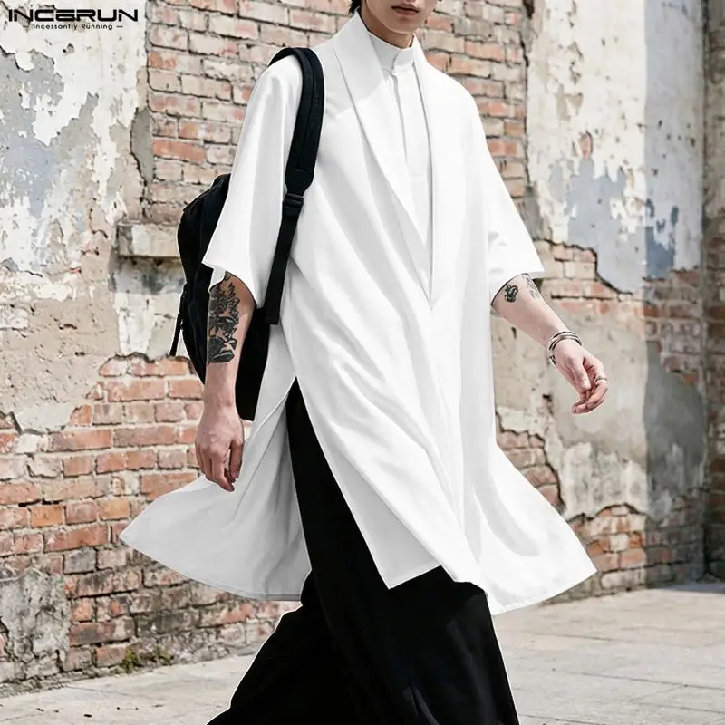 INCERUN Men Shirt Solid Color V Neck Half Sleeve Loose Men Clothing Streetwear 2026 Korean Style Fashion Casual Long Style Tops
