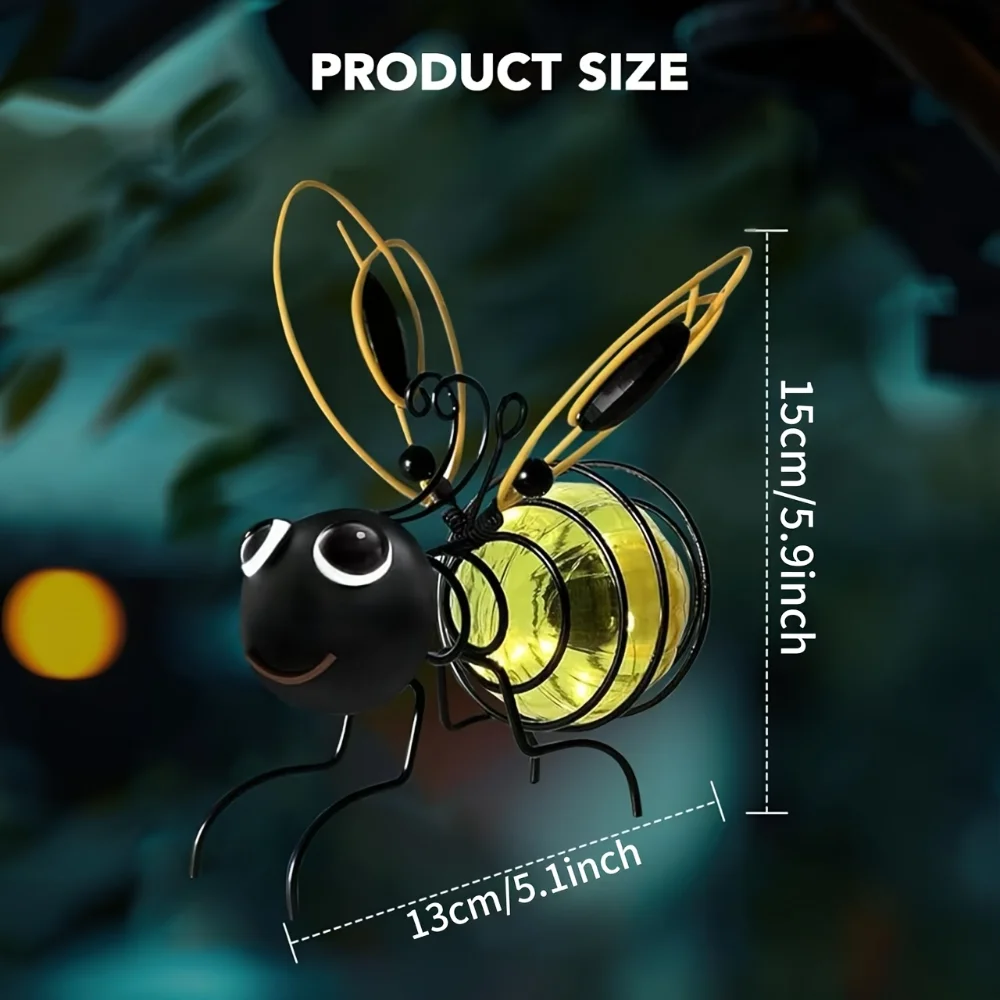 1 قطعة تمثال النحل الحديدي الشمسي مع مصباح ليد في الهواء الطلق مقاوم للماء شجرة معلقة زخرفة لسياج ساحة فناء حديقة الفن الديكور