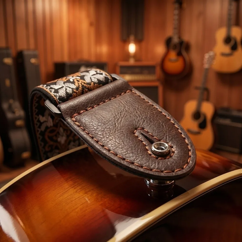 Embroidered Guitar Strap Adjustable Length Leather Cotton Leather Strap Durable Acoustic Bass Strap
