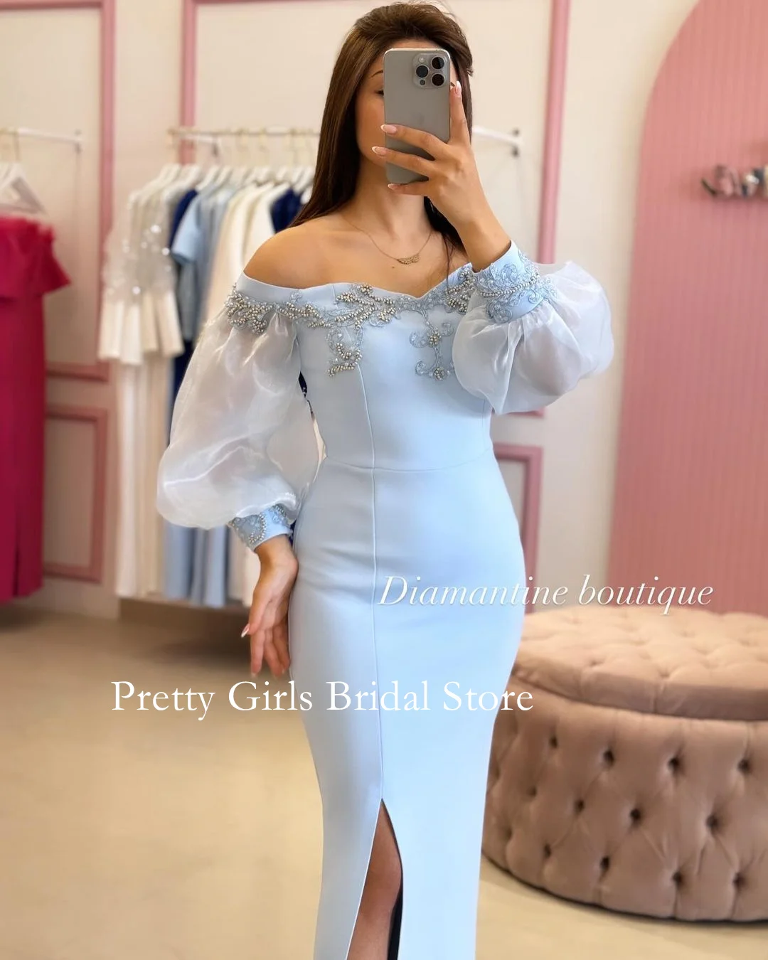 OEING Arabic Style Vintage Off Shoulder Crepe Satin Evening Dresses Puff Sleeves Sky Blue Formal Prom Growns Party Women Bride