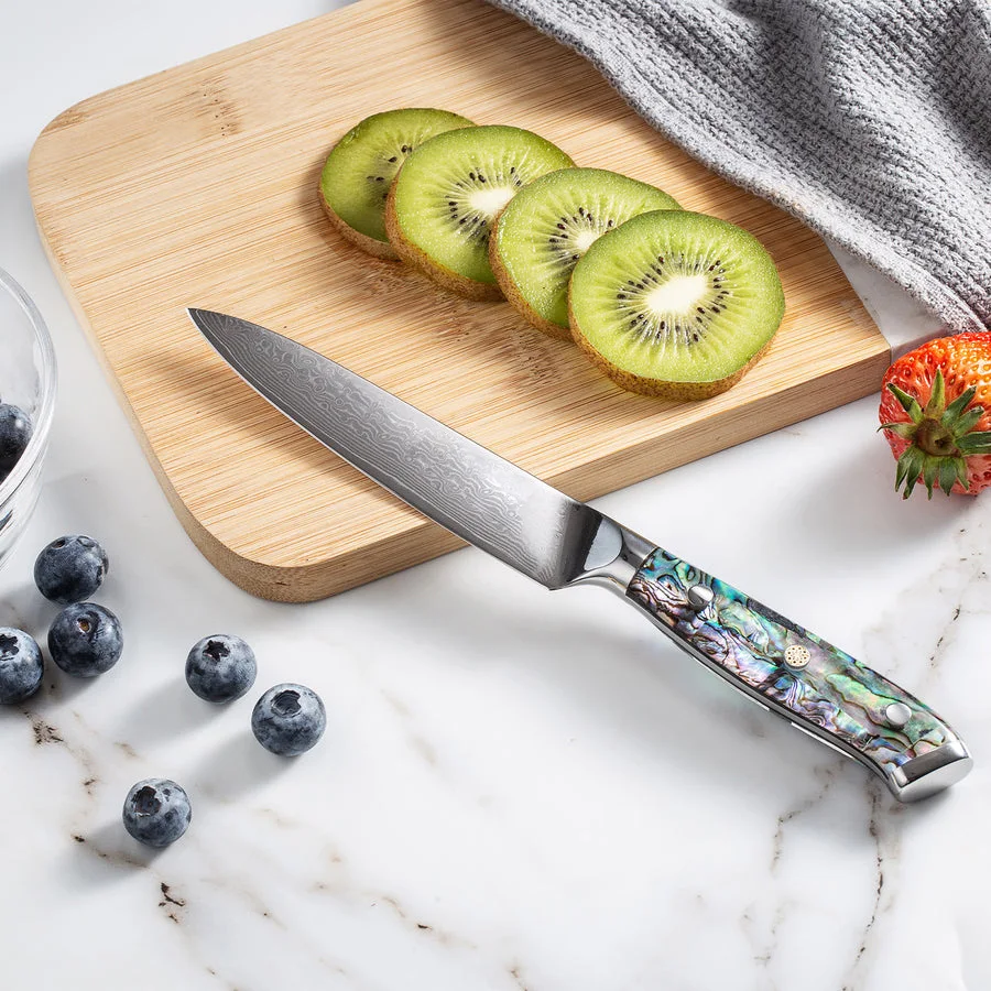 Damascus Utility Knife , Abalone Shell Handle, Super-Sharp Blade, Premium Steel, Multi-Purpose,Kitchen Chef Fruit Knife