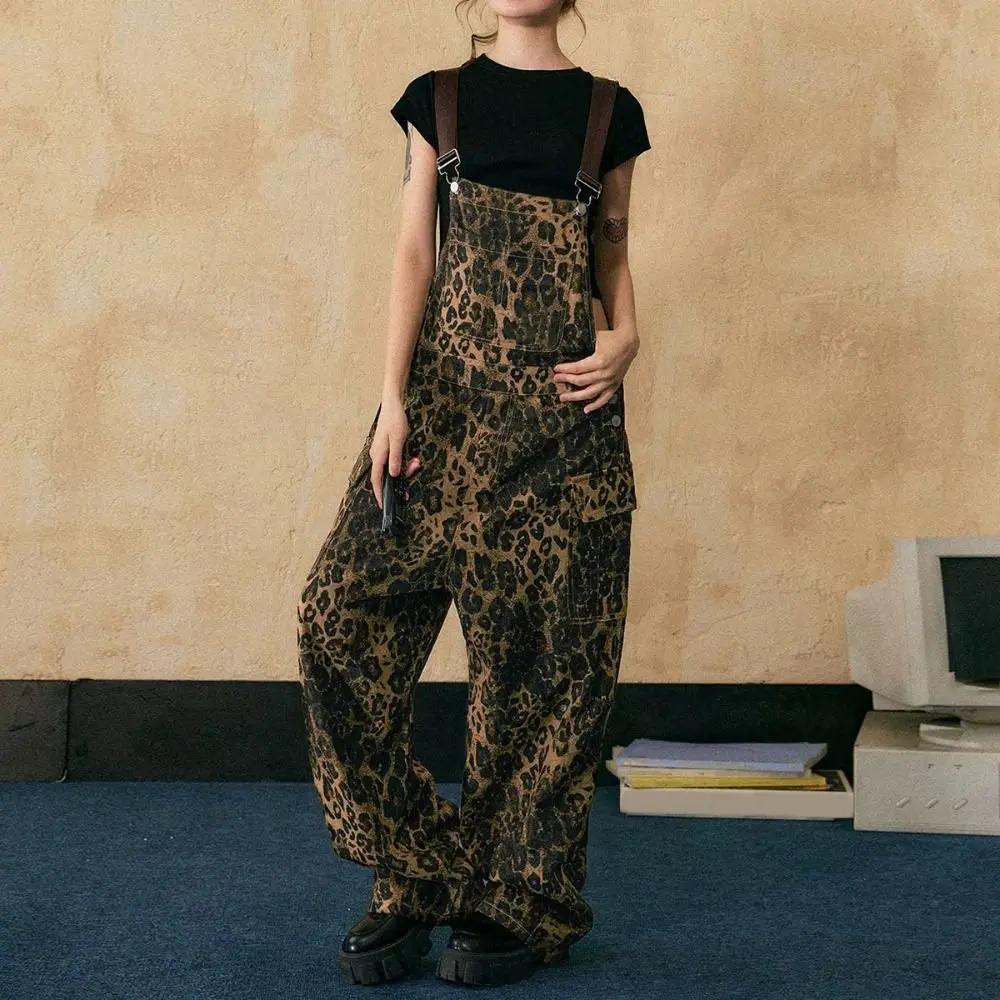 Monos holgados con estampado de leopardo para mujer, peleles de pierna ancha y cintura alta, pantalones Retro con estampado de leopardo de pierna recta Y2k