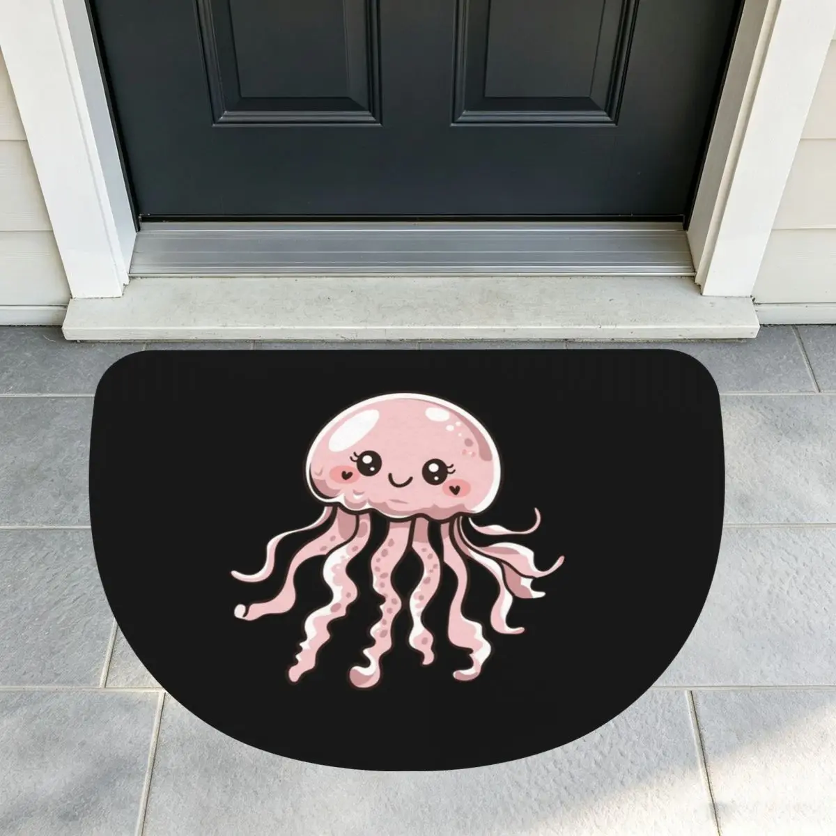 Cute Jellyfish Kawaii Design Soft Flannel Half Round Doormat Non Slip Bathroom Mat Absorbent Floor Carpet for Living Room