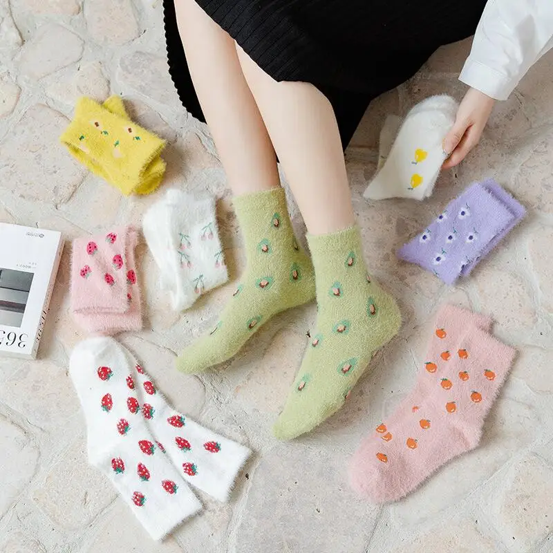 Women's winter warm socks kawaii plush cherry avocado strawberry ladies sleep socks Korean style fashion Harajuku socks