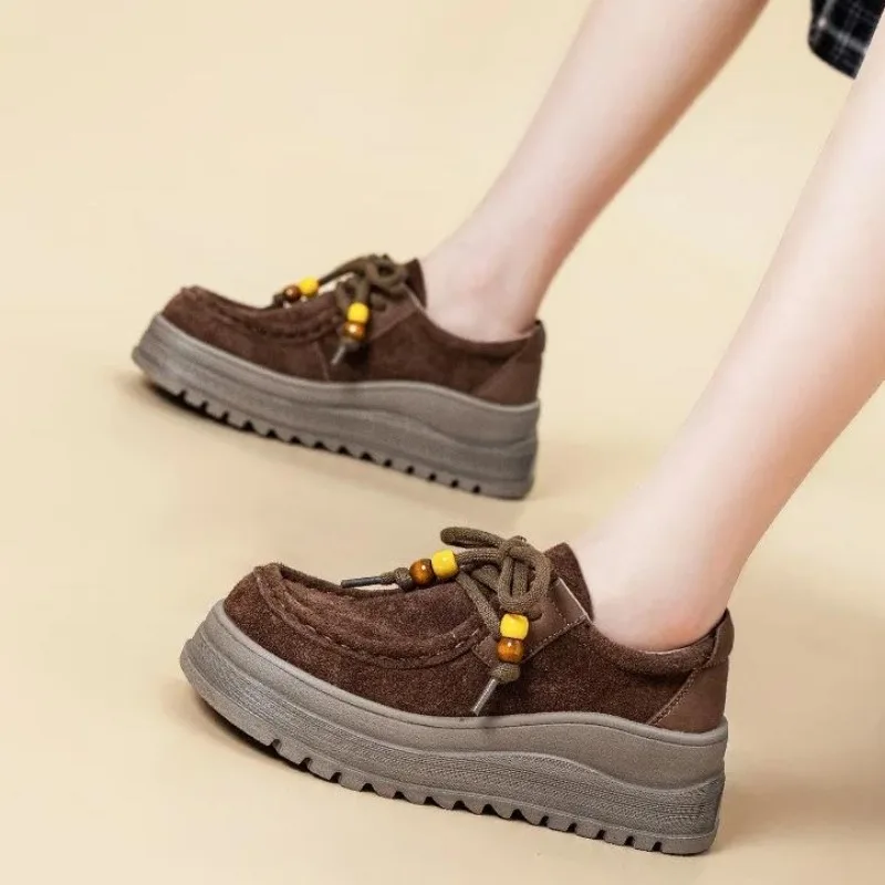 

Women's Casual Foam Bottom Leather Shoes 6CM Heightening Fall New Style Versatile Slip-On Sneakers Comfortable All-Match