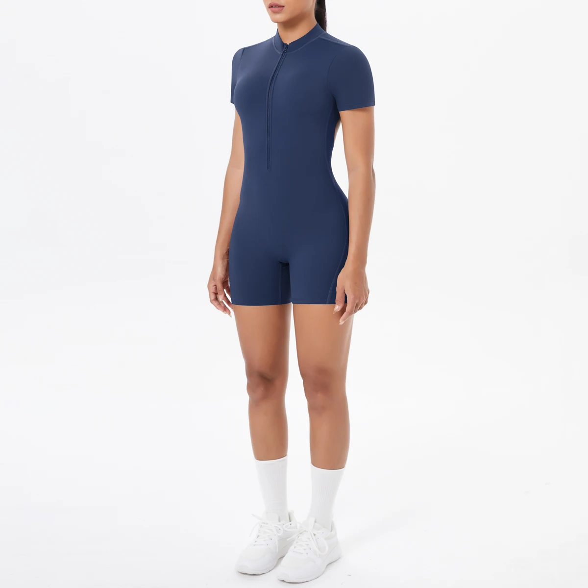 Ausgehöhlter, rückenfreier, kurzärmliger Reißverschluss-Overall für Damen, Overall, Yoga-Anzug, einteilige Legging, kurze Push-Up-Gymnastik-Yoga-Kleidung – Detail 32