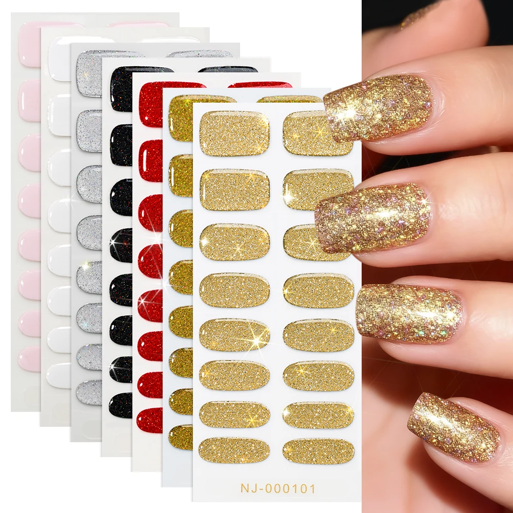 16 Tips White Semi Cured Gel Nail Strips Simple Soild Color Adhesive Full Wrap Nail Wraps Stickers with Nail File UV Lamp Needed